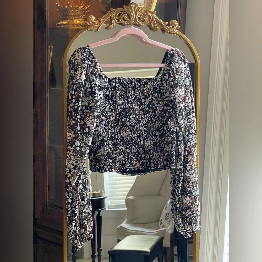 Lulus NWOT Mood Setter Black Floral Print Ruched Long Sleeve Top - Picture 7 of 12